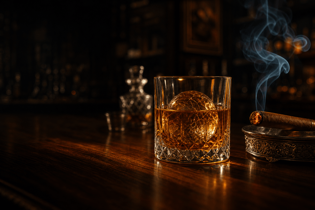 Toma cinematográfica en ángulo bajo de un vaso pesado de cristal cortado lleno de whisky ámbar con una esfera de hielo grande y clara. Junto a él, un cigarro hecho a mano con brasa encendida descansa sobre un cenicero plateado ornamentado, con una voluta de humo azul curvándose hacia arriba. Lounge oscuro con decantadores de cristal y estanterías de caoba blureados al fondo, iluminación ámbar cálida y direccional sobre madera de nogal pulida.