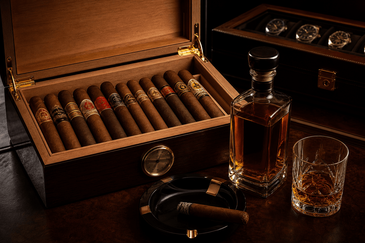 Humidor con puros y habanos y botella en vitrina personal.