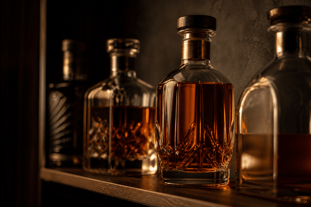 Estantería de botellas premium con luz ámbar.