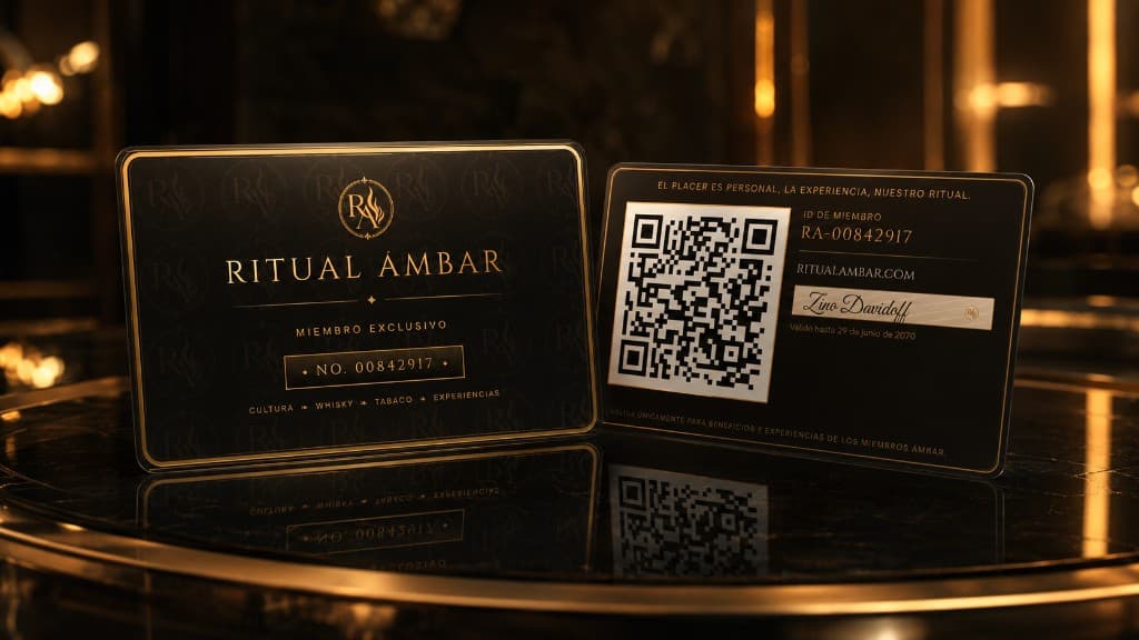 Tarjeta virtual Miembro Ámbar — frente y reverso sobre mesa de cristal