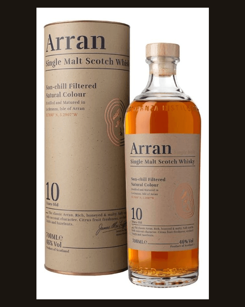 Arran 10 años — botella y tubo de presentación