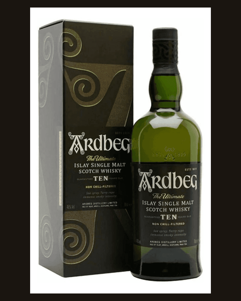Ardbeg 10 años — botella y estuche